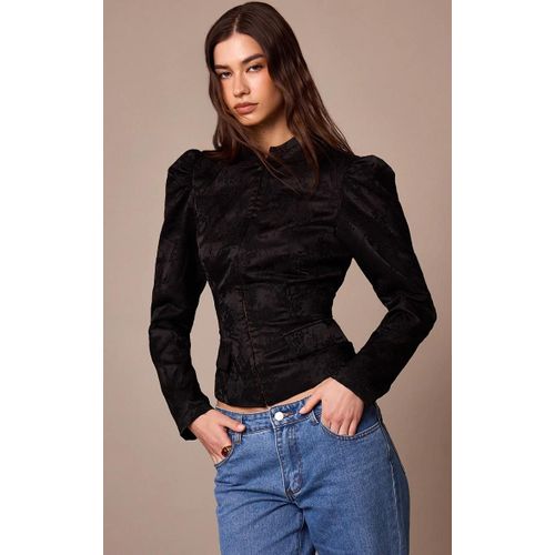 Veste Noire En Dentelle À Col Montant Et Manches Bouffantes, Noir