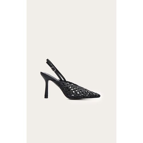 Escarpins Pointus En Pu Tissé Noir À Talon Haut Et Bride Derrière, Noir - 37
