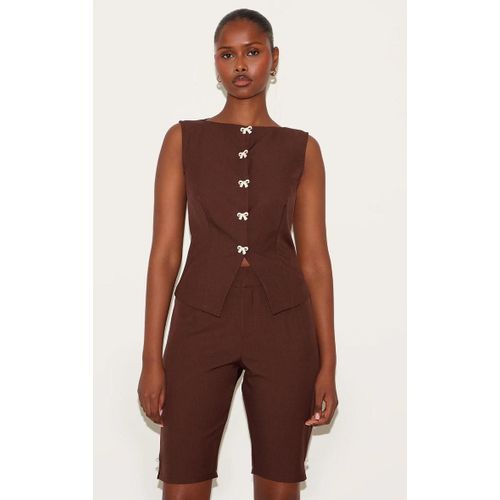 Gilet Marron Chocolat À Mini Noeuds En Velours Contrastants, Marron Chocolat