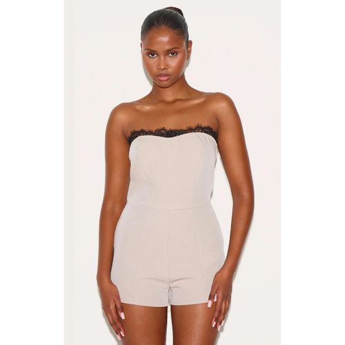 Combishort Bustier Tissé Taupe À Détail En Dentelle, Taupe