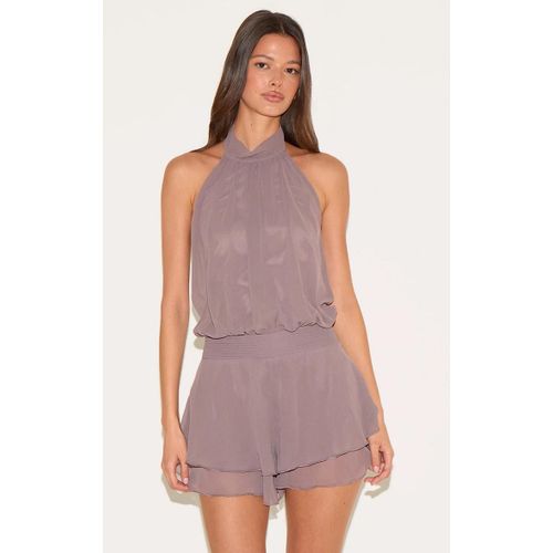 Combishort En Mousseline De Soie Taupe À Col Montant Et Taille Tombante, Taupe