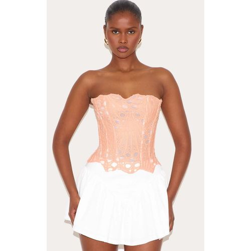Corset Diaphane Texturé Pêche En Dentelle Florale, Pêche
