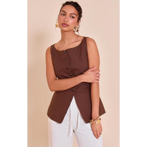 Gilet Long En Effet Lin Chocolat À Col Carré, Chocolat