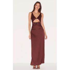 Robe Longue Satinée Chocolat À Partie En Dentelle, Chocolat