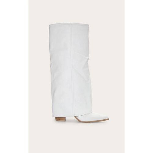 Bottes Western Large Blanches En Pu À Talon Bloc Et Revers Sur Le Genou, Blanc - 41