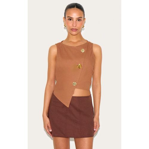 Petite Gilet En Effet Lin Marron Clair Sans Manches À Empiècements, Marron Clair