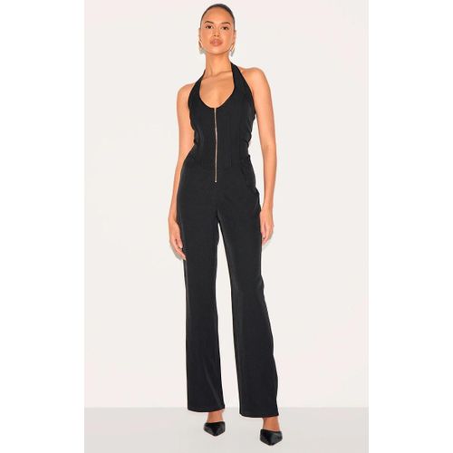 Combaison Large Noire À Zip Devant Et Détail Corset Tombant, Noir