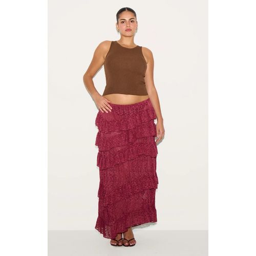 Jupe Mi-Longue Vaporeuse Premium En Dentelle Étagée Couleur Prune Foncé, Taille Plus, Prune Foncé