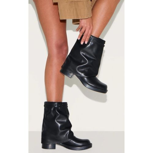 Bottines Rondes Repliées En Pu Noir À Boucles Sur Les Brides, Noir - 39