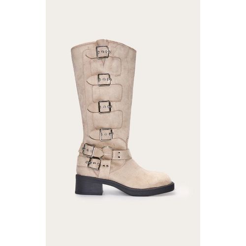Bottes Hautes Rondes En Suédine Crème À Boucles Multiples Style Harnais, Crème - 41