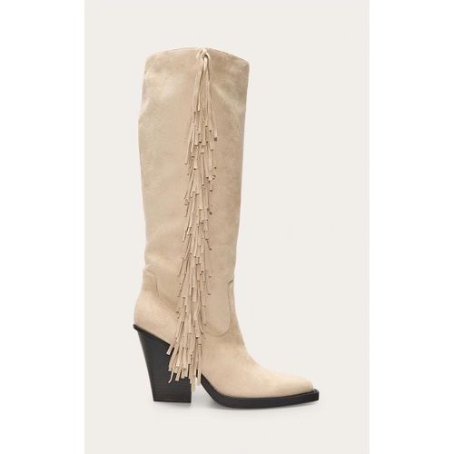 Bottes Hautes Pointues En Suédine Crème Talon Haut Carré Et Franges Crème
