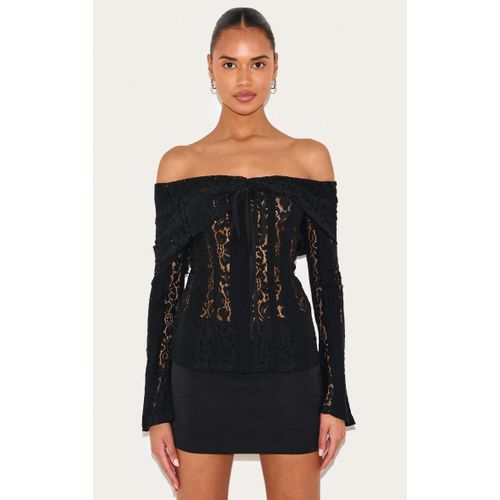 Top Ajusté En Dentelle Noire À Col Bardot Et Manches Évasées, Noir