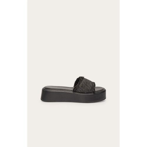 Sandales Rondes En Raphia Noir À Plateforme Effet Empilé, Noir - 39