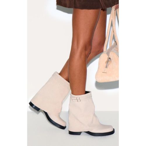 Bottines Rondes Repliées En Suédine Crème À Boucles Sur Les Brides, Crème - 39
