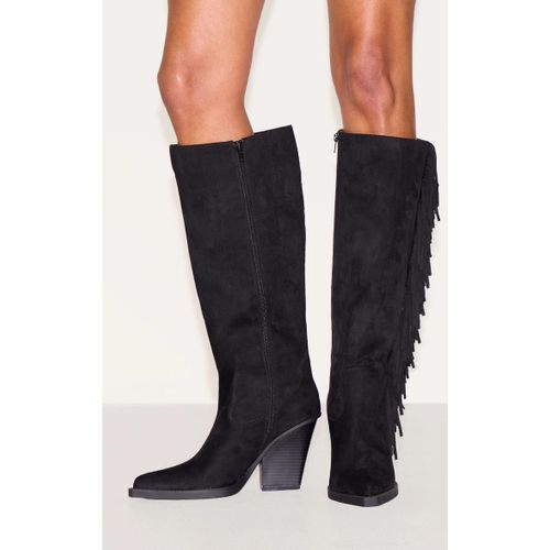 Bottes Hautes Pointues En Suédine Noire Talon Haut Carré Et Franges Noir