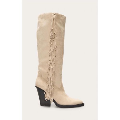 Bottes Hautes Pointues En Suédine Crème Talon Haut Carré Et Franges Crème