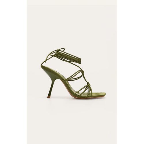 Sandales Pointure Large Carrées En Pu Vert À Talon Et Brides Lacées Nouées, Vert - 38