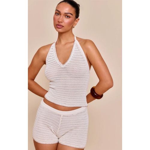Top Court Beige En Effet Laine Avec Détails Contrastés Et Crochet À Col Halter, Avoine