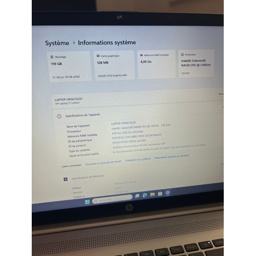 HP Laptop 17-cn0xxx - 17" Intel Celeron N4120 - 1.1 Ghz - Ram 4 Go - DD 180 Go