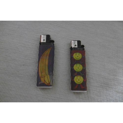 Briquet Gaz À Molette Rechargeable Avec Animation :: Lot De 2 Singe Et Smiley
