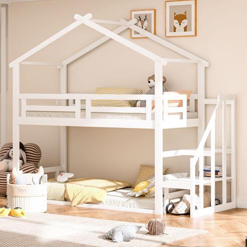 Lit enfant 90*200cm, Lit superposé bas avec escalier de sécurité, Cadre de  lit superposé en bois massif avec sommier à lattes, blanc