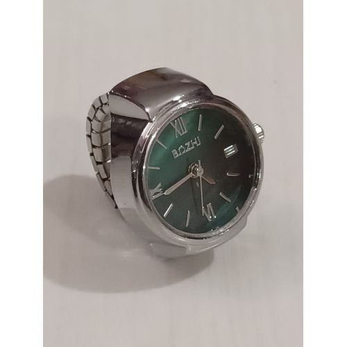 Bague Montre Métal Argenté , Cadrant Rond,Fond Vert
