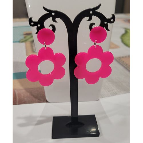 Boucles D'oreilles Fleurs Rose Fluo Soiree Fetes Annee 80 !