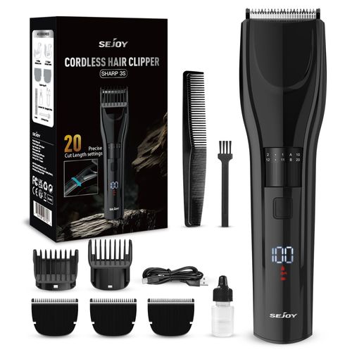 Sejoy Tondeuse Cheveux & Barbe Hommes Professionnel Sans Fil Rechargeable Avec Ecran Led, 20 Hauteurs De Coupe De 1 À 20mm, Lames En Alliage - Noir