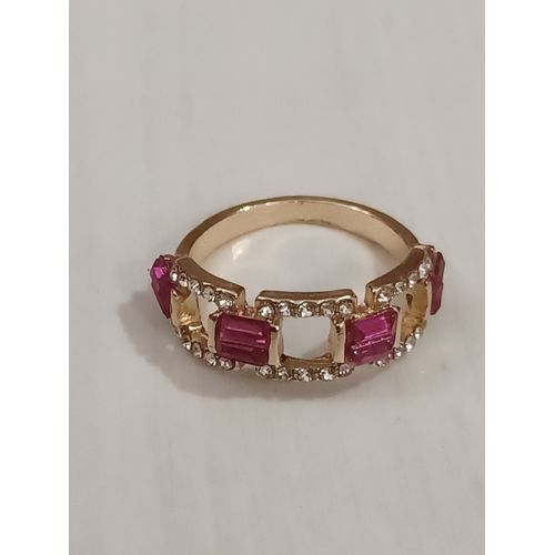 Bague Métal Doré,Strass Transparent Et Rose ,Taille 18.47 Mm