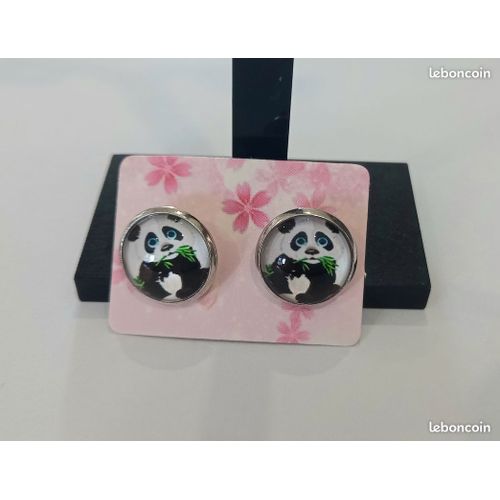 Boucles D'oreilles Petit Panda Bambou Cabochon
