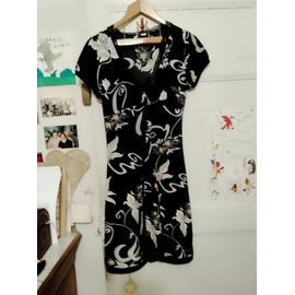 Robe Noire Motifs Colorés Col Dentelle Noire 38 M.