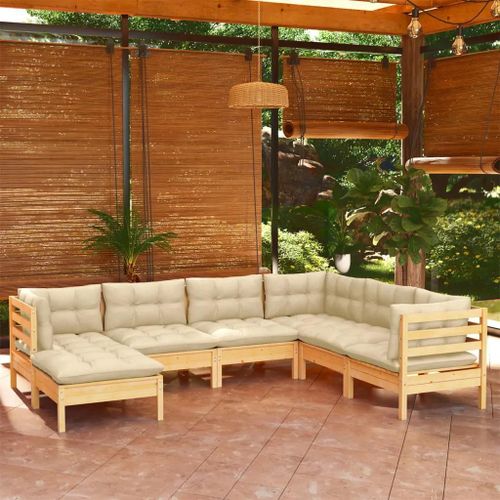 Prolenta Premium - Salon De Jardin 7 Pcs Avec Coussins Crème Bois De Pin Massif