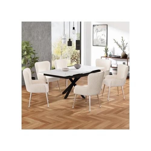 Chaises De Salle À Manger En Velours, Set De 6, Avec Quatre Pieds En Métal Argenté, Accoudoirs Et Pieds Réglables, Beige.
