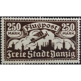 Allemagne, Ville Libre De Danzig 1923, Beau Timbre De Poste Aérienne Yvert 14, Avion Monomoteur Survolant La Ville, 250mk Brun Foncé, Neuf*