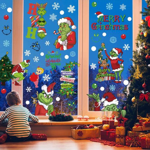 Stickers Noël Fenetre,Autocollant Vitre Noël Reutilisable,Electrostatique PVC Sticker Decoration Vitrine Noël,Aquarelle Double Face Noel Stickers(D)