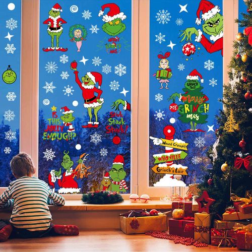 Stickers Noël Fenetre,Autocollant Vitre Noël Reutilisable,Electrostatique PVC Sticker Decoration Vitrine Noël,Aquarelle Double Face Noel Stickers(C)