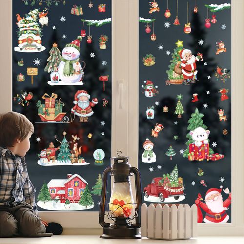 Stickers Noël Fenetre,Autocollant Vitre Noël Reutilisable,Electrostatique PVC Sticker Decoration Vitrine Noël,Aquarelle Double Face Noel Stickers(A)