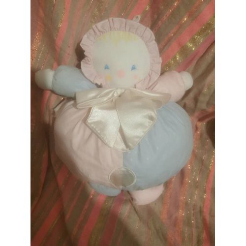 Doudou Tissu Bébé Clown Rose Bleu Layette Pois Ruban Satin Boule Vintage