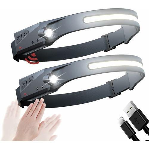2pcs Lampe Frontale LED Rechargeable USB, Lampe Torche Frontale