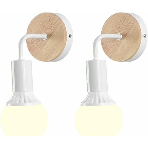 Lot De 2 Applique Murale Intérieur Vintage Industrielle Lampe Murale E27 Luminaire Abat-Jour En Métal Avec Base En Bois Pour Salon Couloir Bar Chambre (Blanc)