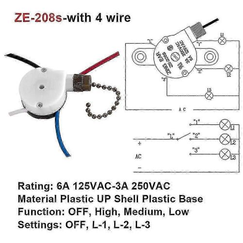 Interrupteur de ventilateur de plafond Zing Ear Ze-208s E89885 3 vitesses 4 fil Chaîne C