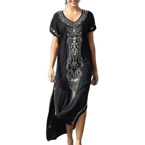 Robe De Plage Brodée À Manches Courtes Pour Femme, Cache-Maillot De Bain Fendue Sur Le Côté