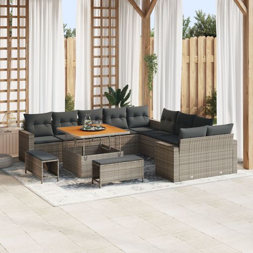 Set De Sofa De Jardin Vidaxl 13 Pièces Avec Coussins Gris Rattan Polyéthylène Acacia, Set De Dîner De Jardin Vidaxl 3 Pièces Avec Coussins Gris Rattan Polyéthylène Acacia