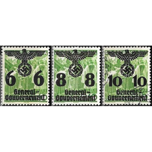 Pologne, Occupation Allemande, General Gouvernement 1940, Beaux Timbres Neufs* / Oblitéré Yvert 32 33 34, Timbres Polonais D'Avant Guerre Surchargés Grand Aigle, Croix Gammée Et Nouvelle Valeur.