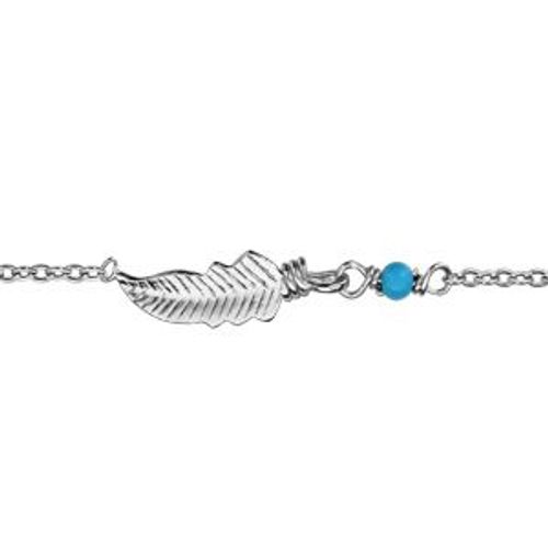 Bracelet Argent Rhodié Plume Et Boule Turquoise 16+2cm