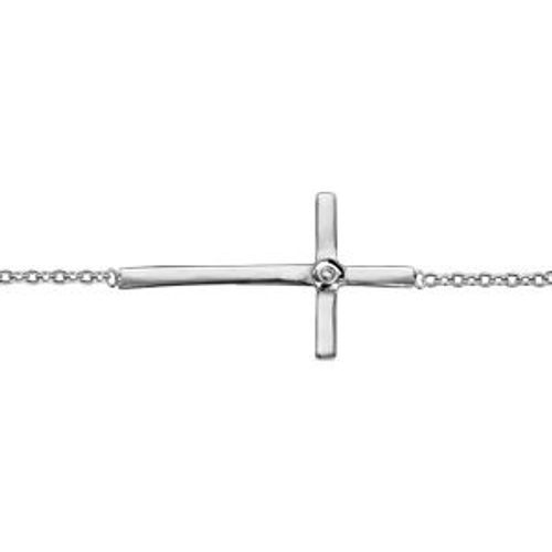 Bracelet Argent Rhodié Croix Couchée 1 Oxyde Blanc 15,5+2cm