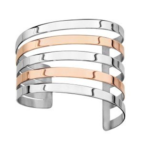 Bracelet Acier Manchette Lignes Ajourées 2 Tons Pvd Rose