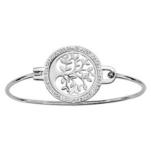 Bracelet Acier Jonc Pastille Ronde Motif Arbre De Vie Résine Et Strass Blanc