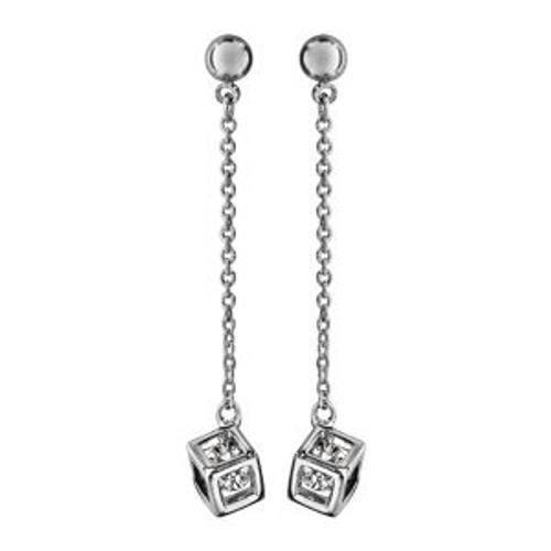 Boucles D'oreille Tige Argent Rhodié Longue Chaînette Et Cube Oxyde Blanc