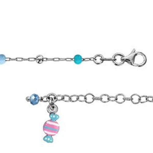 Bracelet Argent Rhodié Enfant Boules Résine Bleue Avec Bonbon Bleu Ciel Et Rose 13+3cm